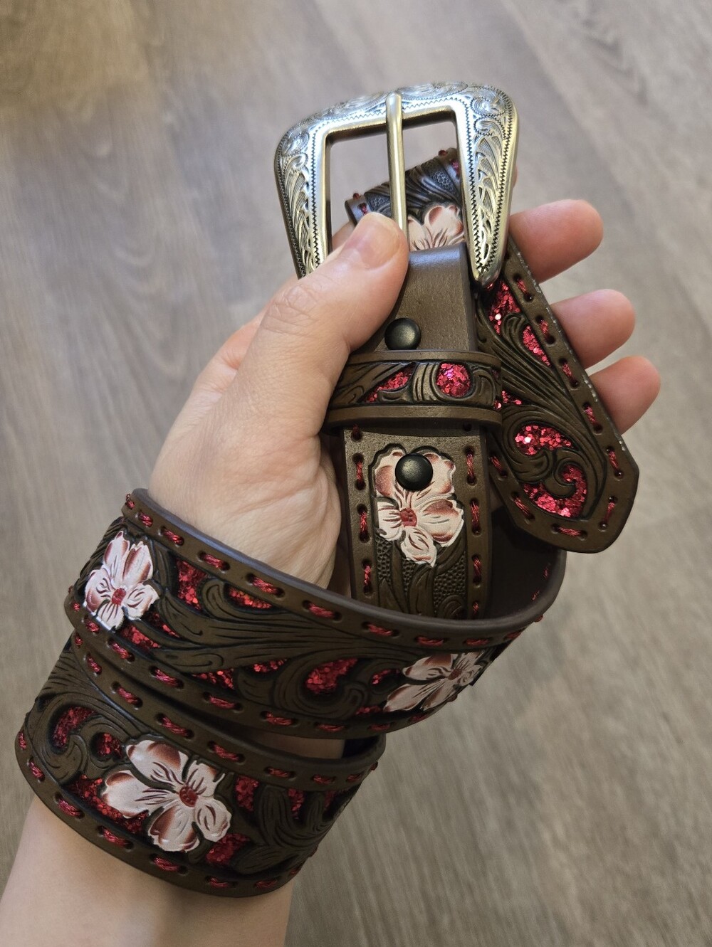 Shyanne Brown Tooled Western Belt Pink Glitter Flowers Girly Y2k Aesthetic sz 28